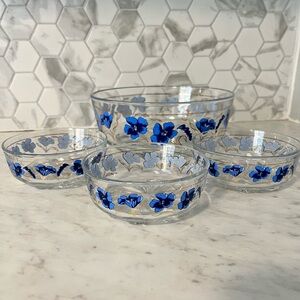 Rare Vintage DeValbor Glass Bowl Set with Blue Flowers